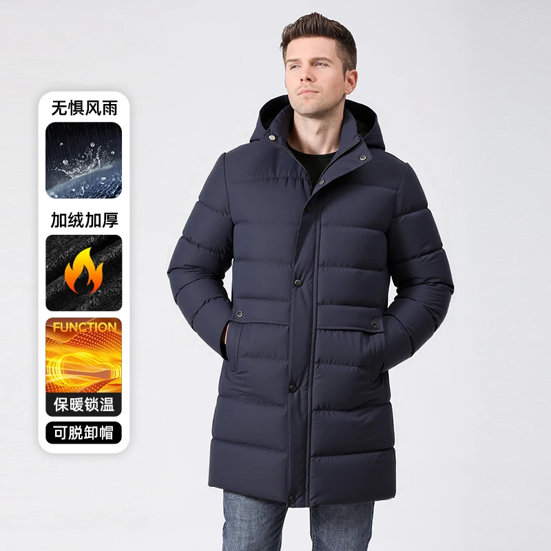 防水防風ダウンウインドブレーカー厚みのあるパフィーパーカーメンズ厚みのあるロングパーカー取り外し可能なフード暖かいパッド入りパファージャケット