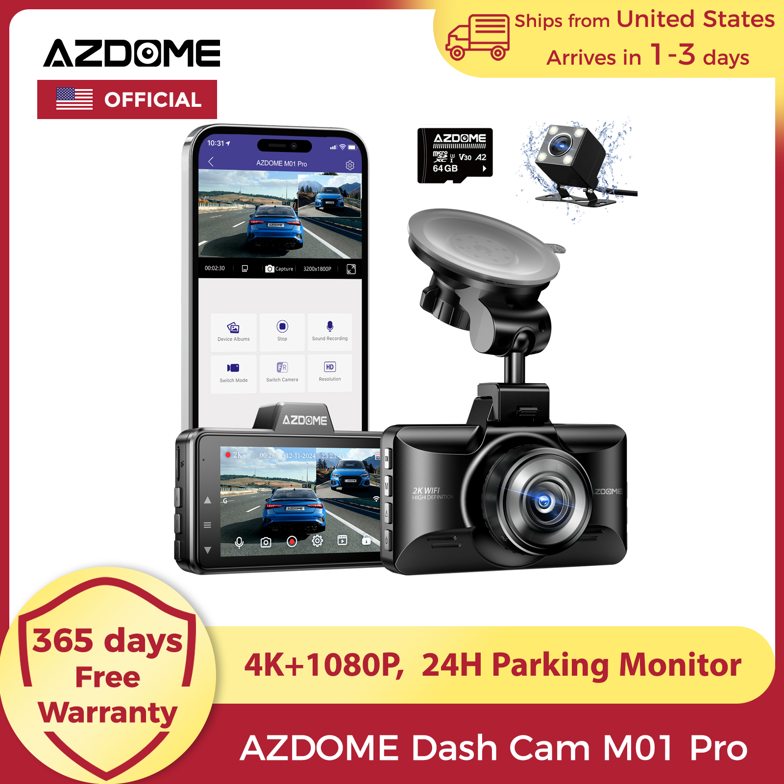 【米国倉庫】AZDOME ダッシュカム M01 Pro 3 インチスクリーン フロントおよびリアカメラ 車用 内蔵 ADAS G センサー 車 DVR 24H 駐車モード