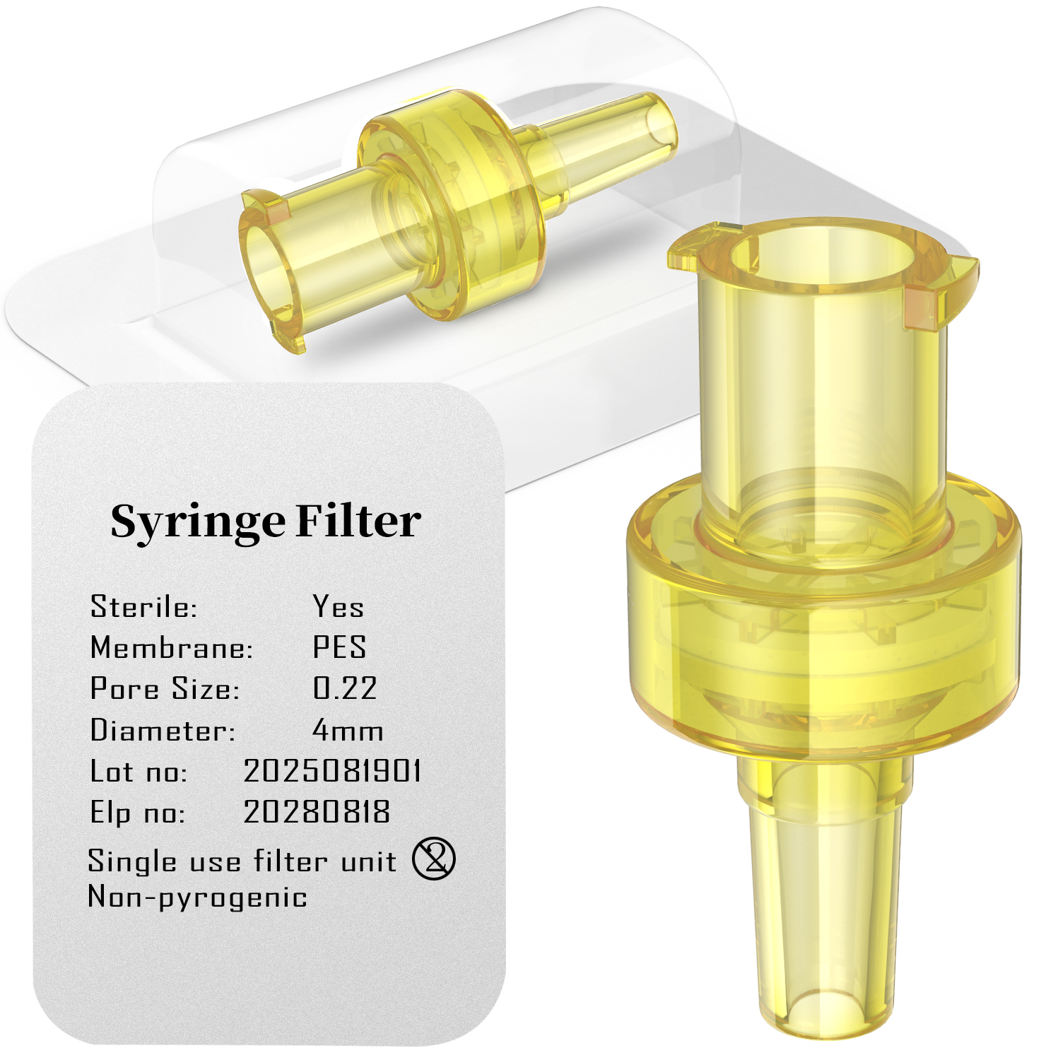 PES親水性膜を使用した滅菌シリンジフィルター、孔径0.22/0.45μm、直径4mm、10/25/50/100個、黄色、個別包装