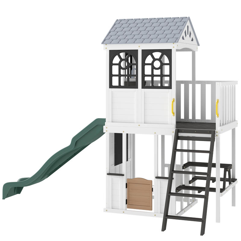 Qaba Two-Story Outdoor Playhouse, Wooden Kids Playhouse with Slide, Table & Bench, Play Kitchen, Ladder, Blackboard, White