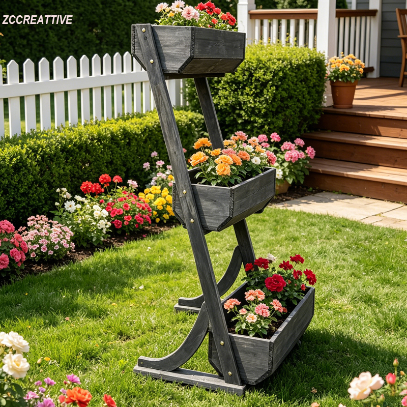ZCCREATTIVE ガーデンフラワーラック木製三層植物スタンド屋外フラワー棚パティオバルコニープランターディスプレイ装飾
