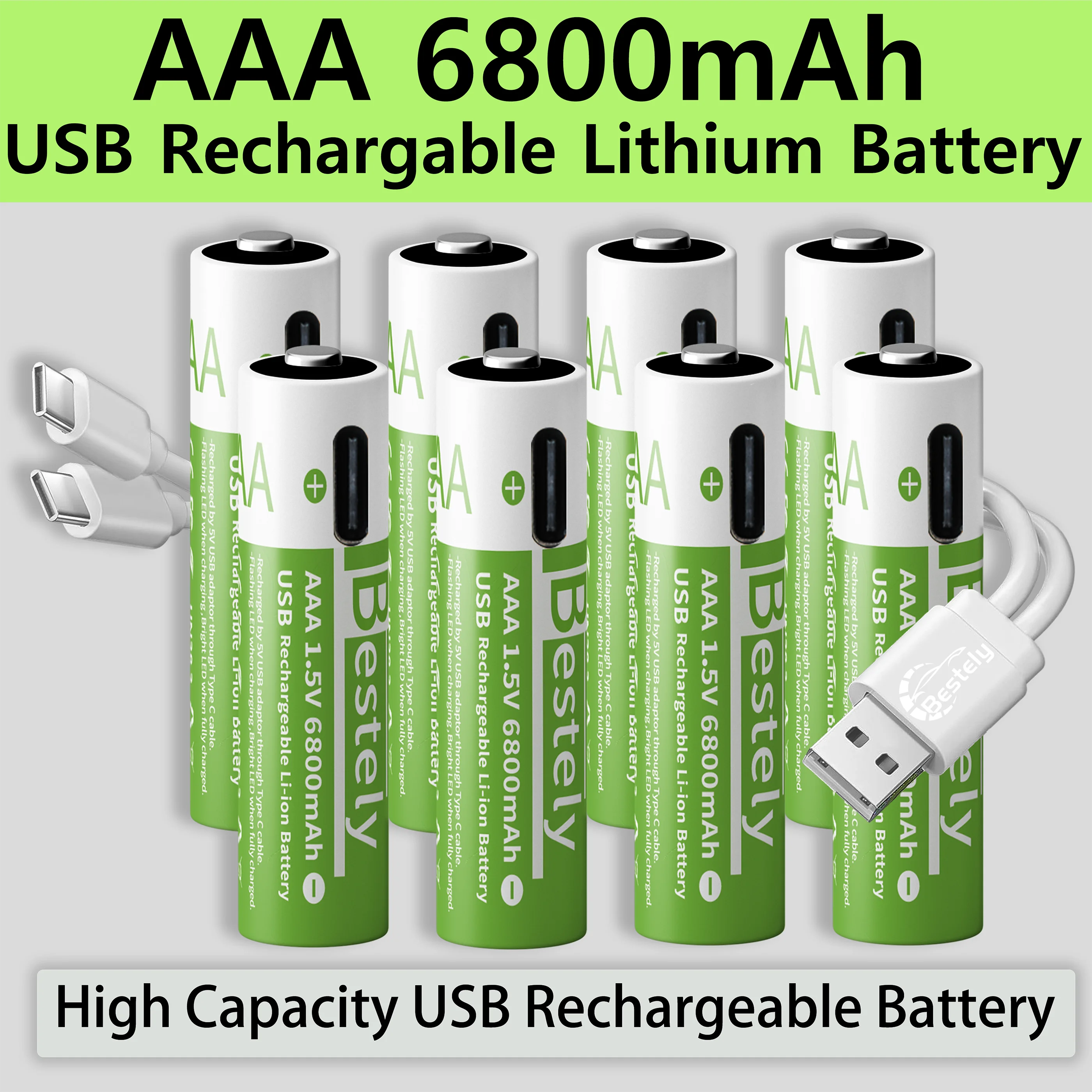 新しい 1.5V AAA 6800mAh リチウム充電式バッテリー USB AAA 高容量リチウムイオンバッテリー 2000 回サイクル Type-C フリーケーブル付き