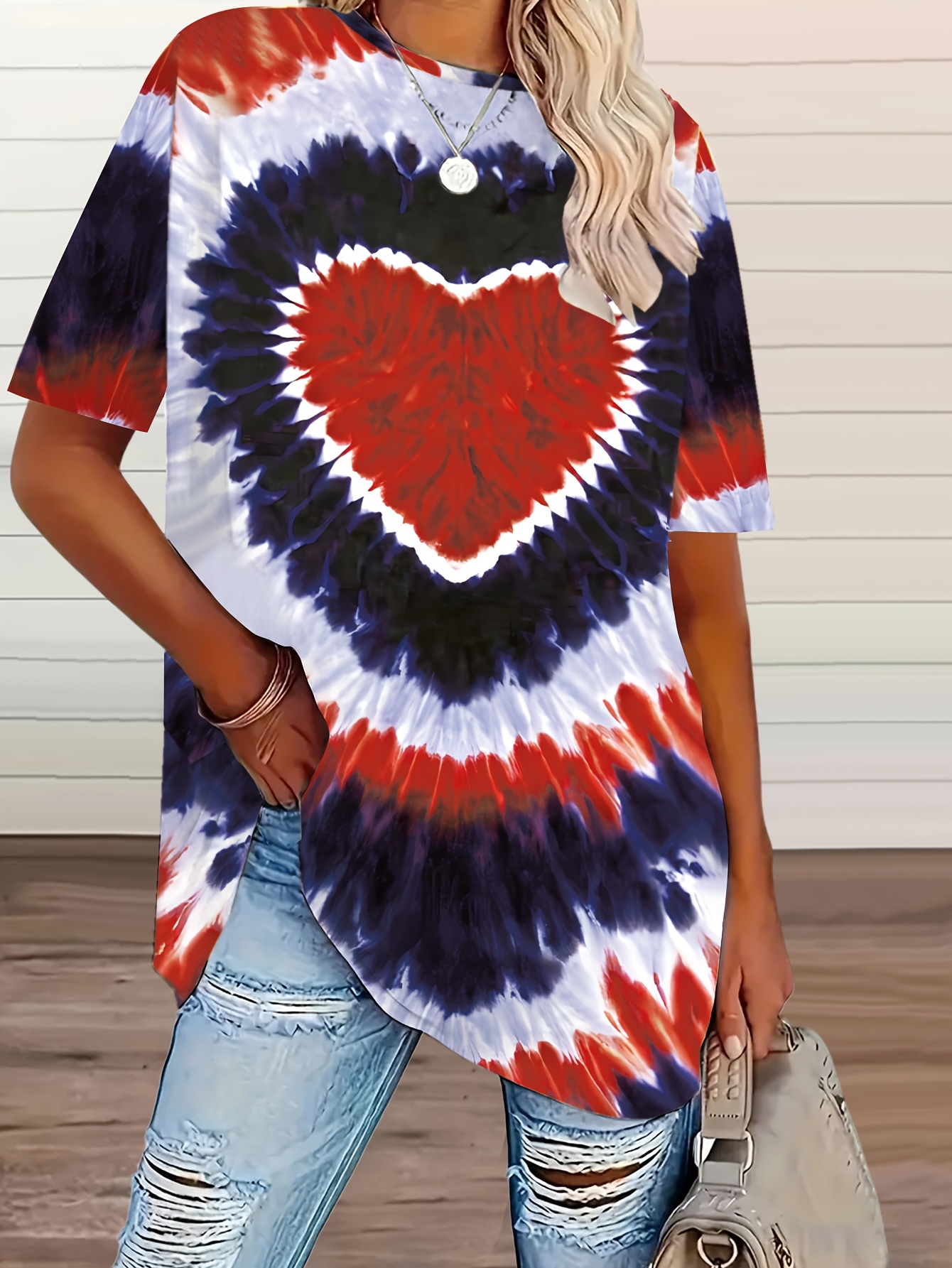 プラスサイズの女性の絞り染めハートプリント Tシャツ春と夏のカジュアルストレッチルーズバージョン半袖トップ