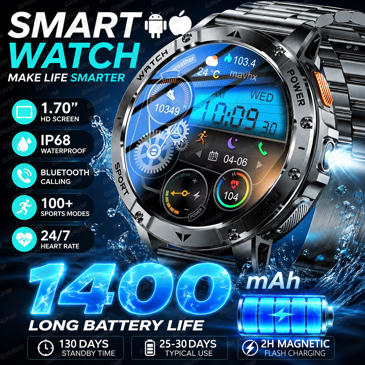 2026New 内蔵 1400mAh 大バッテリーメンズスマートウォッチ屋外懐中電灯 1.7 "AMOLED スクリーン 100 メートル防水通話スマートウォッチ