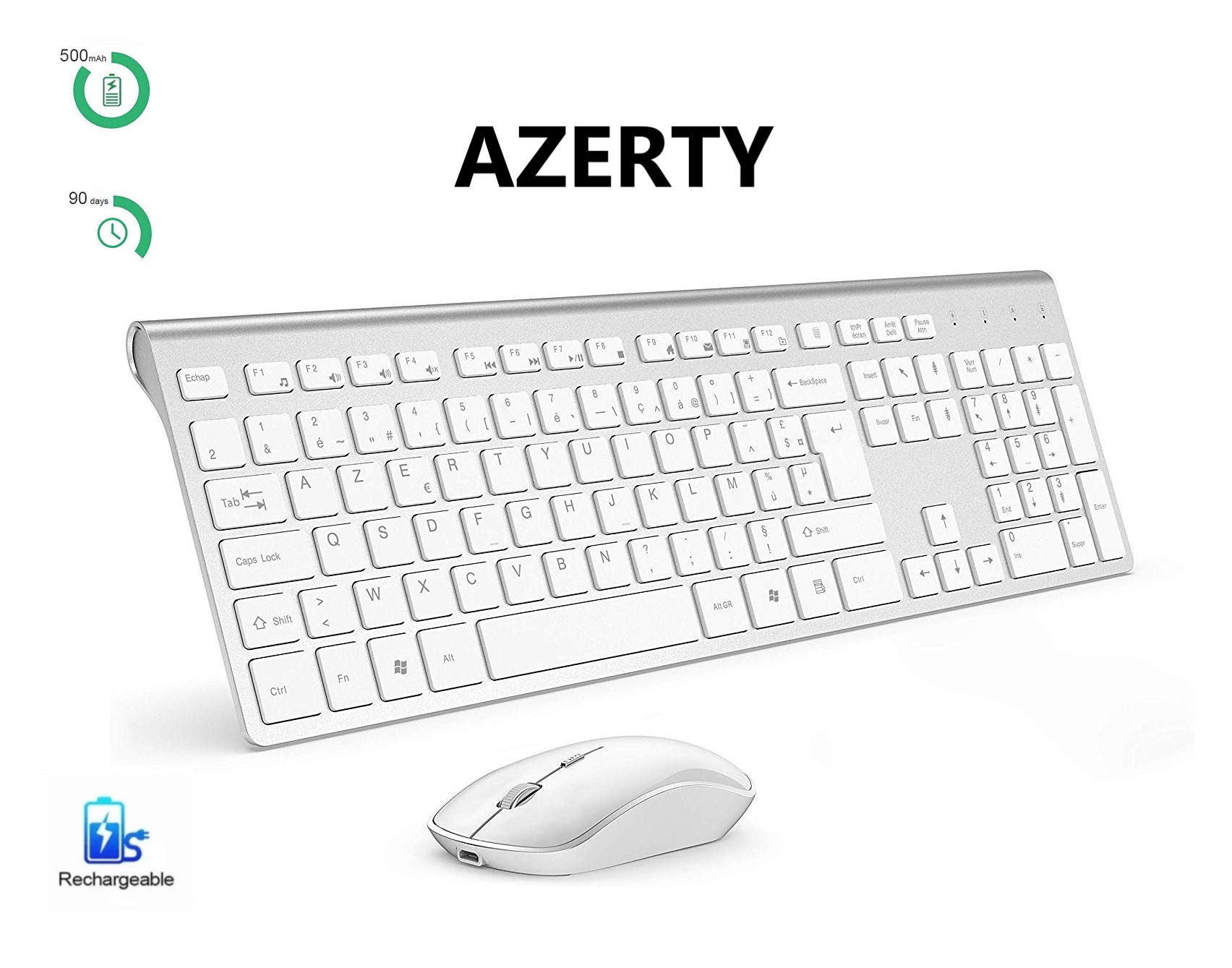 フランスレイアウト ワイヤレスキーボードとマウスのコンボ - フルサイズ スリム 薄型 テンキー AZERTYU キーパッド付き 内蔵バッテリー付き