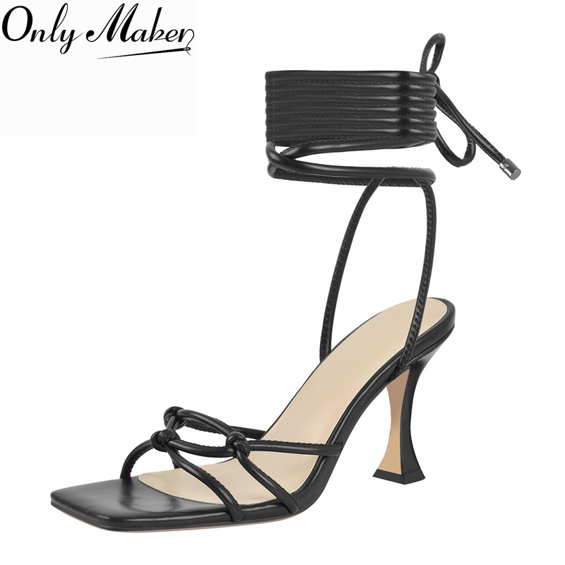 Onlymaker レディース ブラック ノット ストラップ アンクル ラップ サンダル スクエア オープントゥ マルチ レースアップ ストラップ キトゥン ヒール サマー パーティー サンダル