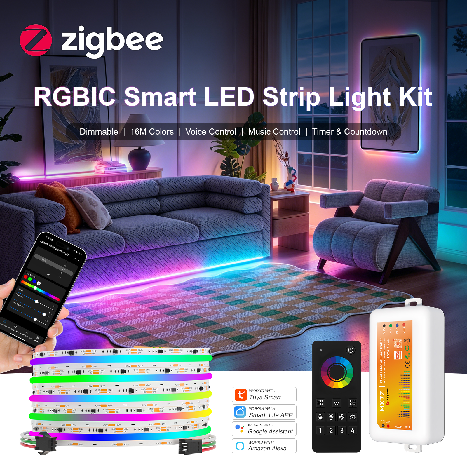 Zigbee アドレス可能 RGB LED ストリップライト 24V WS2811 RGBIC COB LED ストリップピクセル LED リボンライトキット SPI フルカラー LED テープ