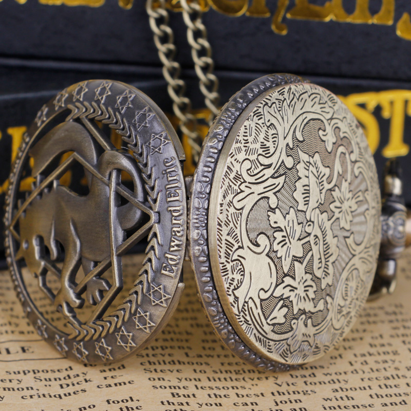 Bronze Full Metal Alchemist Relief Pocket Watch Antique Quartz Chain Clock Pendant Jewelry Timepiece Gift for Women Men