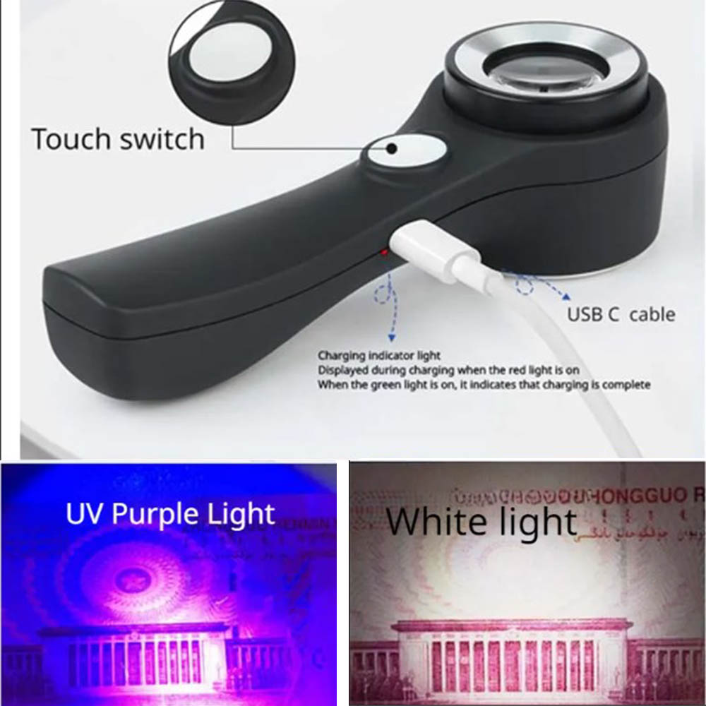60X ハンドヘルド LED 照明虫眼鏡充電可能な UV ライト照明付き拡大鏡コインジュエリースタンプを読むため