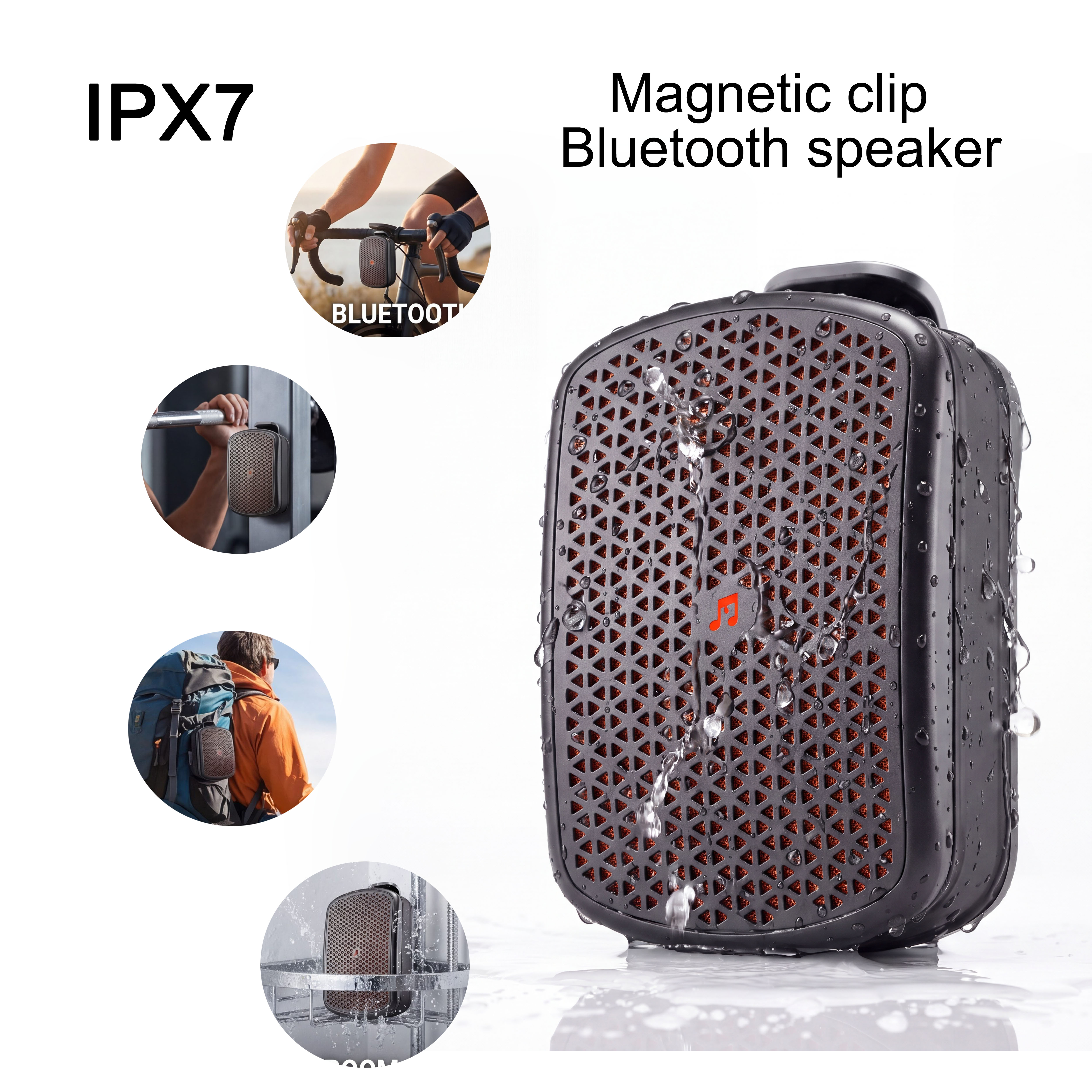 磁気クリップオン M1 ポータブル Bluetooth スピーカー、屋外防水 TWS ステレオ、大音量、重低音のミニスピーカー。