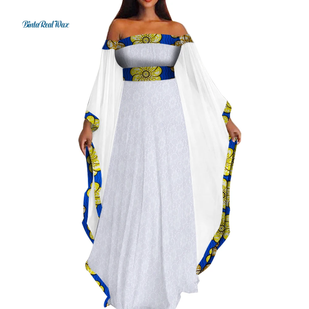 バザンリッシュ白レースロングドレス女性アフリカ服パーティー Vestidos Daseki アフリカパッチワークドレス女性のための WY3493