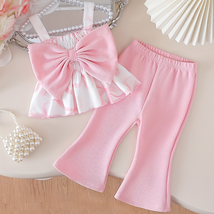 女児用 夏用 かわいいピンク色のリボン飾り付き リボン柄トップスと無地パンツの2点セット 通気性抜群のセットアップ