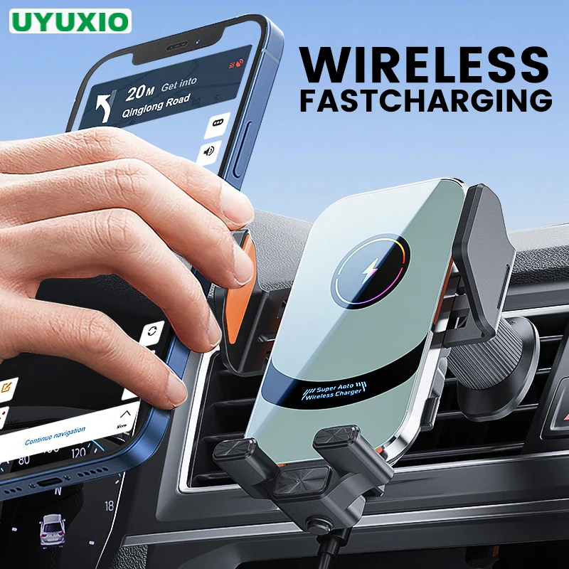 UYUXIO 自動クランプワイヤレス車の充電器アダプタ超高速充電エアベント自動車電話ホルダー iPhone 16 15 Pro Max Samsung 用