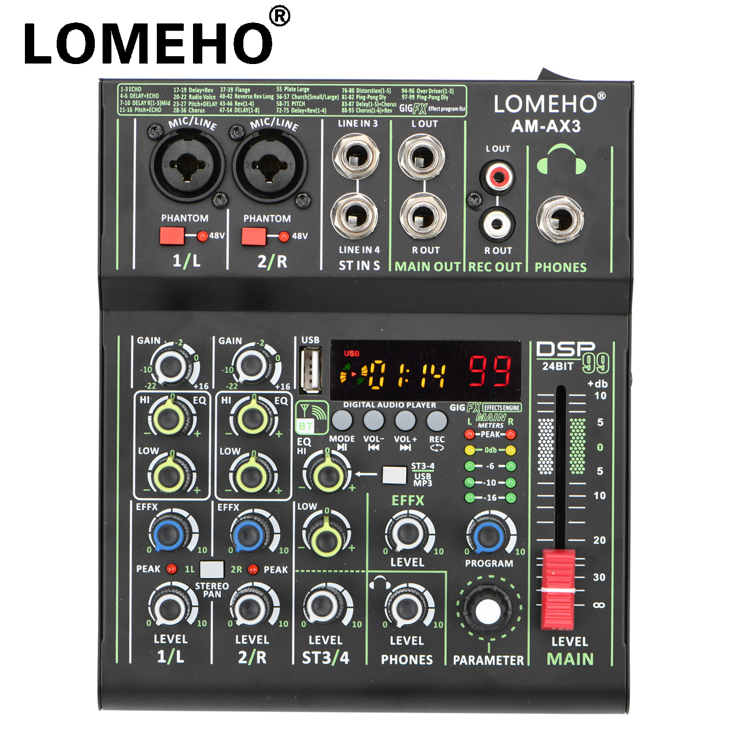 4 チャンネル Bluetooth オーディオミキサーミニポータブルサウンドミキシングコンソール USB 再生レコード 99 DSP 効果 48V Dj コントローラーパーティー AM-AX3