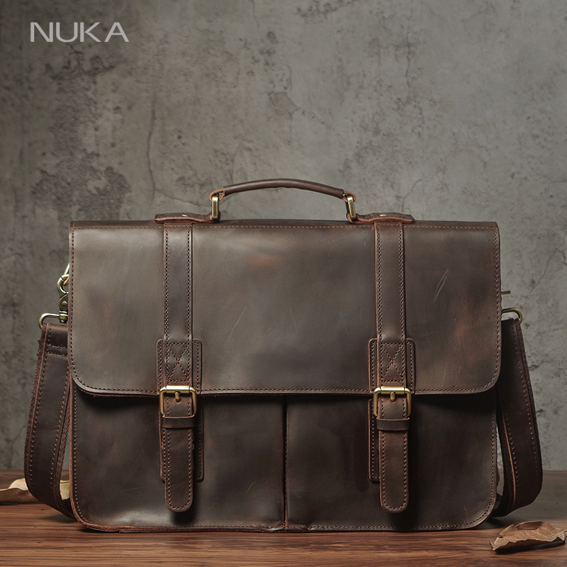 NUKA メンズエグゼクティブブリーフケース本革ビジネスハンドバッグトップ牛革ヴィンテージショルダーバッグ男性オフィスラップトップメッセンジャーバッグ