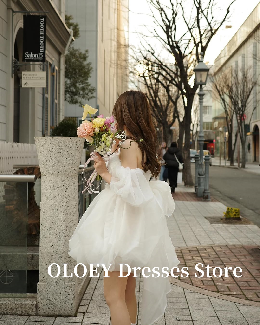 OLOEY 恋人シルクオーガンザミニウェディングパーティードレス韓国写真撮影ショート花嫁ドレスカントリープリンセス誕生日フォーマル