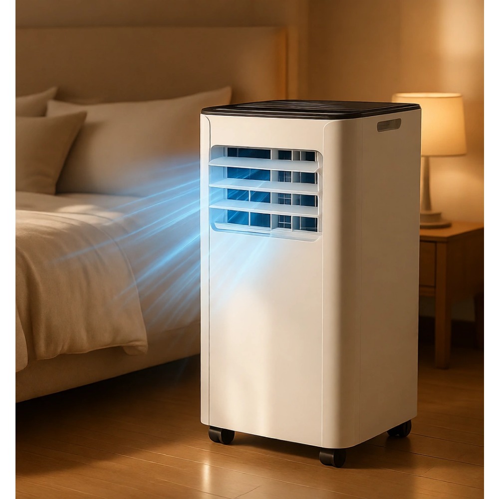 最大 450 平方フィートの部屋用の 10000 BTU 4-in-1 ポータブル エアコン。冷却、ファン、除湿、スリープ モード、リモート機能を備えています。