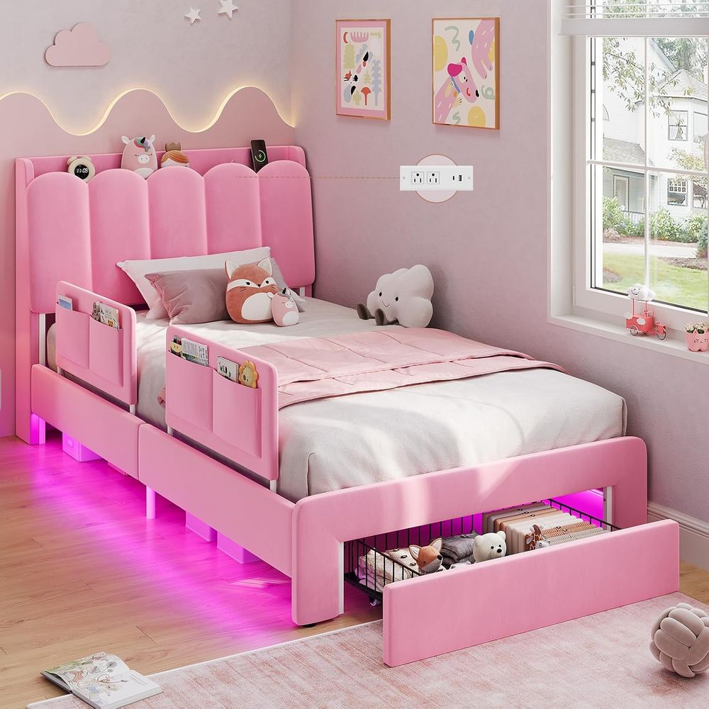 DICTAC ツインサイズ PrincBed e ストレージ Der および Saety ガードレール付き、LED ベルベット布張りプラトルム ベッド、またはウェーブ ストレージ付きガールズ