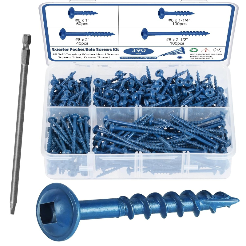 390pcs Pocket Hole Screws Assortment Kit #8 x 1, 1-1/4", 2", 2-1/2" Blue Anti-Rust Coarse Thread Wood Screws with Square Drive
