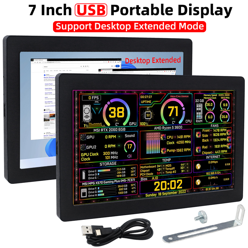 7 インチ Type-C Sencondary スクリーン 1024*600 IPS LCD サポートデスクトップ拡張モードハードウェア情報 AIDA64 モニター USB ポータブルディスプレイ