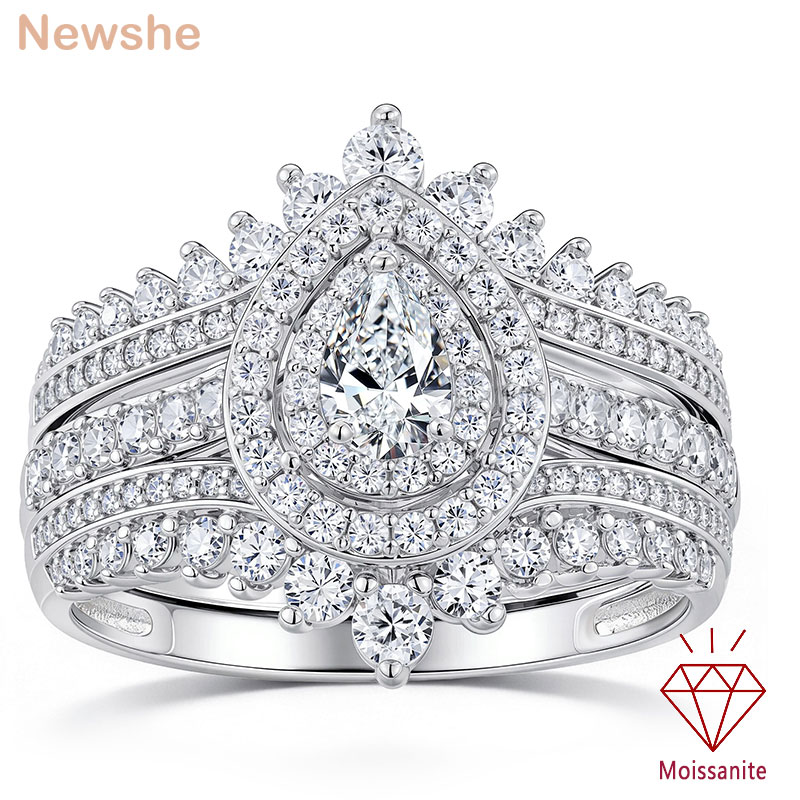 Newshe フルモアッサナイトハローペア婚約指輪ブライダルセット女性のためのエンハンサーウェディングバンドラップホワイトゴールドメッキジュエリー