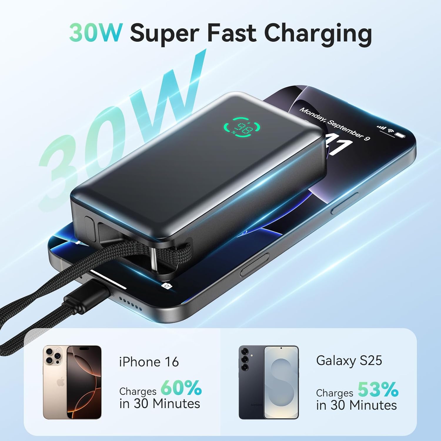 PD30W 10000mAh 電話充電器急速充電パワーバンク内蔵 USB-C ケーブルポータブル充電器 iPhone 17 16 15 Samsung 旅行用