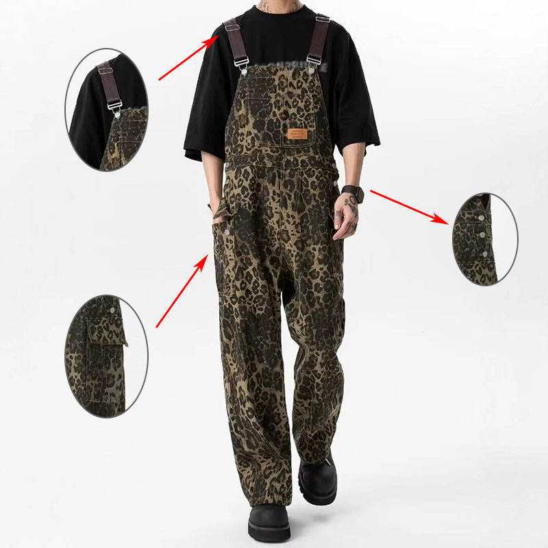 レトロヒョウ柄作業服オーバーオールジャンプスーツ大ポケットストレートレッグパンツ男性ルーズカジュアルワイドレッグデニムパンツ