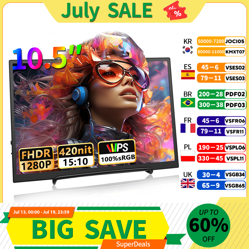 10.5 inch Portable Monitor 1280P 100%SRGB 420cd/m2 With dual speakers Mini HDMI interface For Laptop PC PS4 Game Console