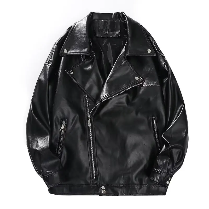男性バイカー黒ジャケット秋のファッション Pu レザーコート男トレンディなカジュアル Pu ジャケット男性ルースオートバイフェイクレザーコート