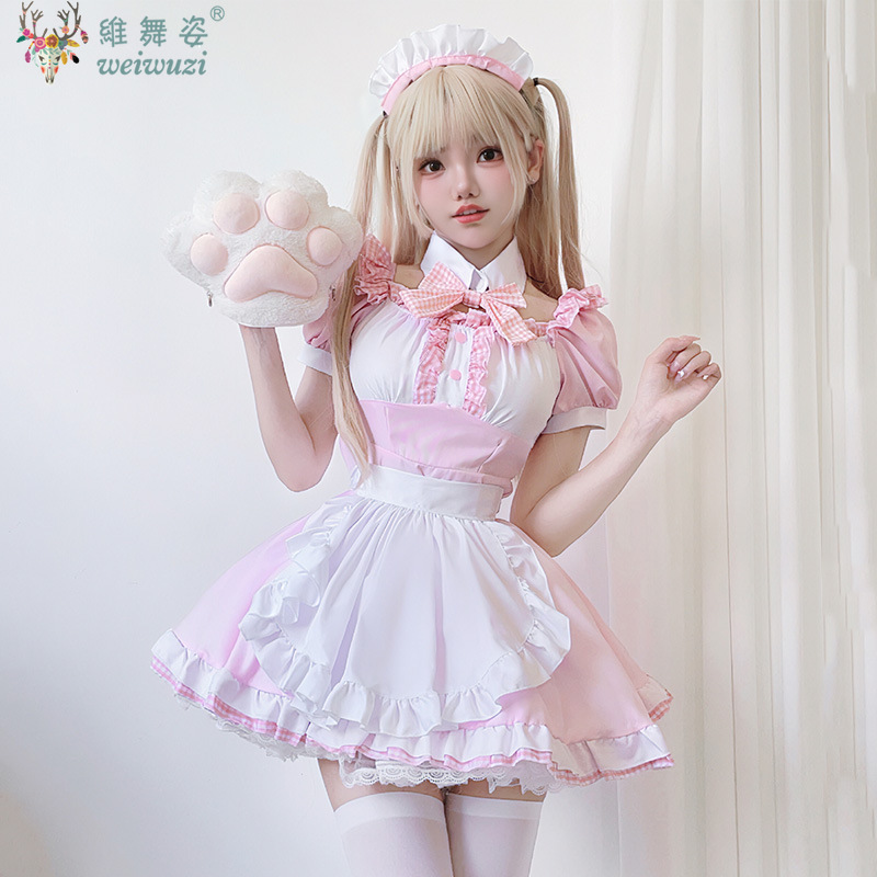 和菓子かわいいロリータドレスメイドコスプレ衣装ピンクの弓メイドドレスガールファッションステージ Perfermance ファンシー衣装 Cattwomen