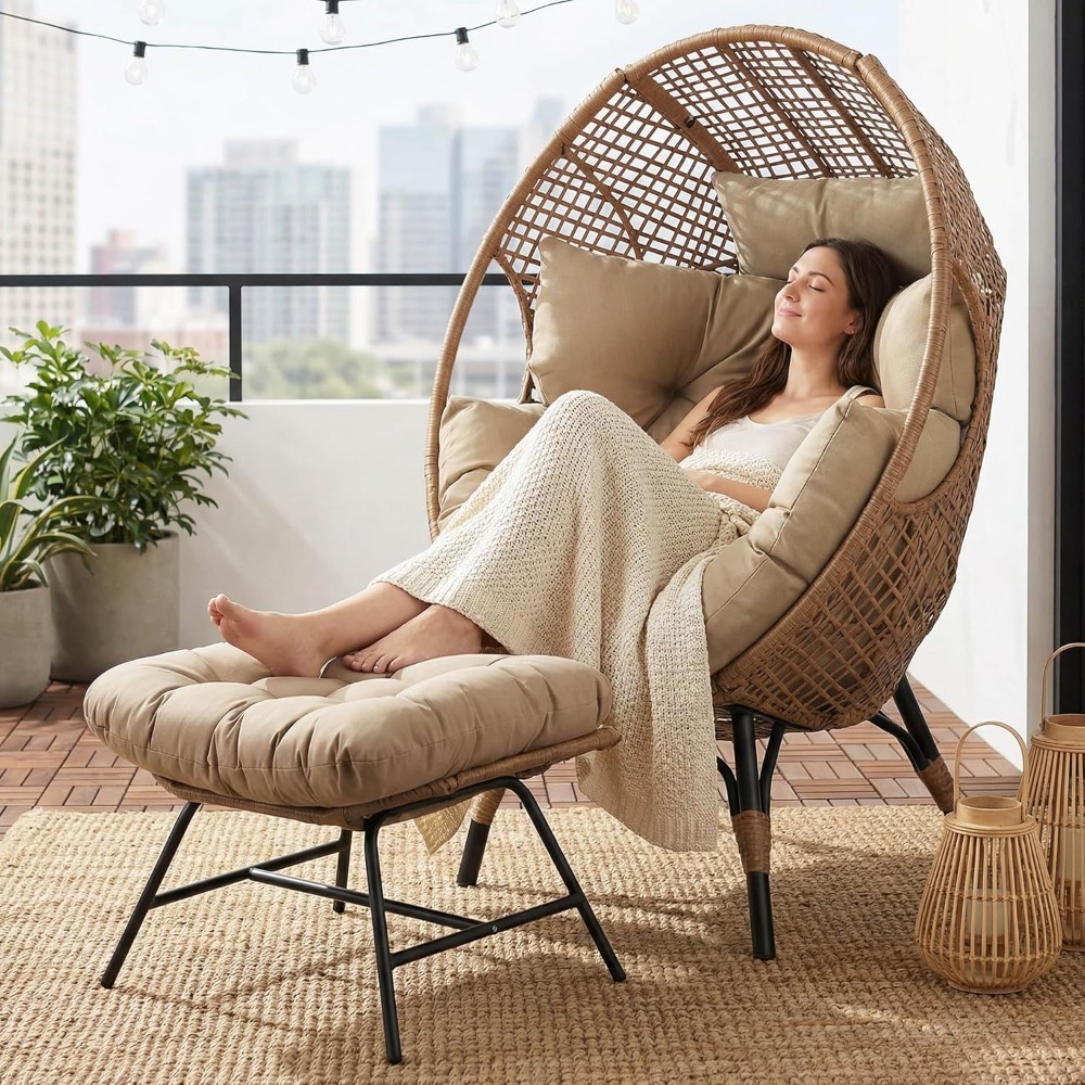ガーデン家具セットエッグチェア、オットマン付き屋内屋外大型ラウンジチェアクッション付き籐シートパティオガーデン
