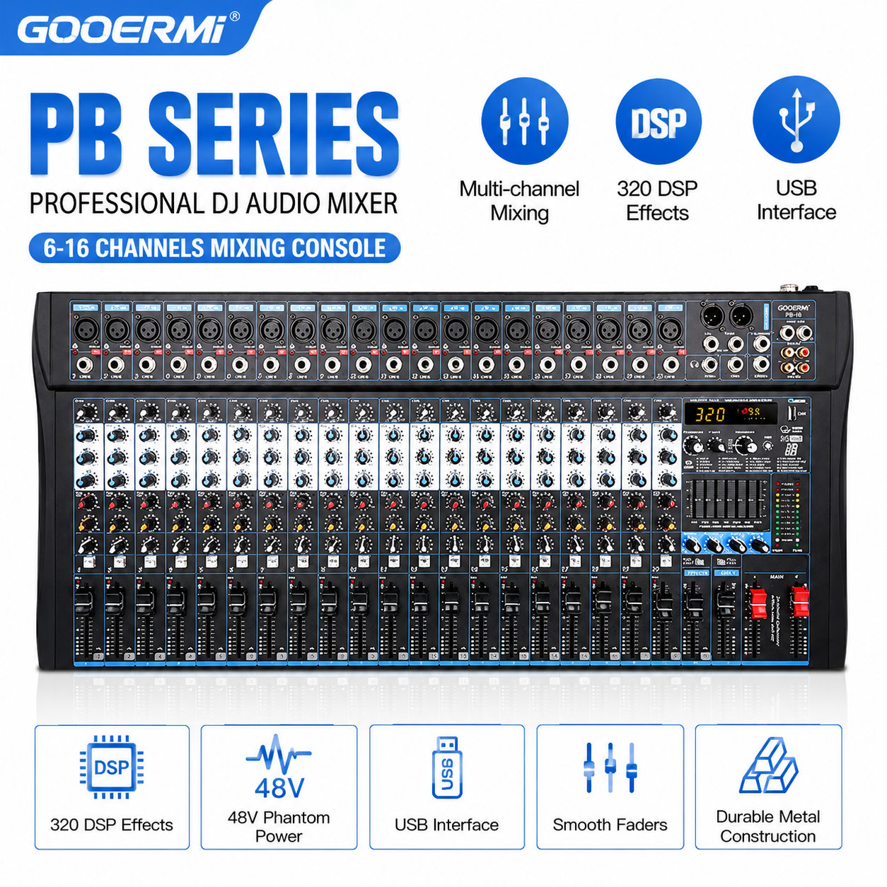Gooermi PB シリーズ プロフェッショナル DJ オーディオミキサー 6-16 チャンネル USB サウンドミキシングコンソール 320 DSP エフェクト付き 48V ファンタム電源