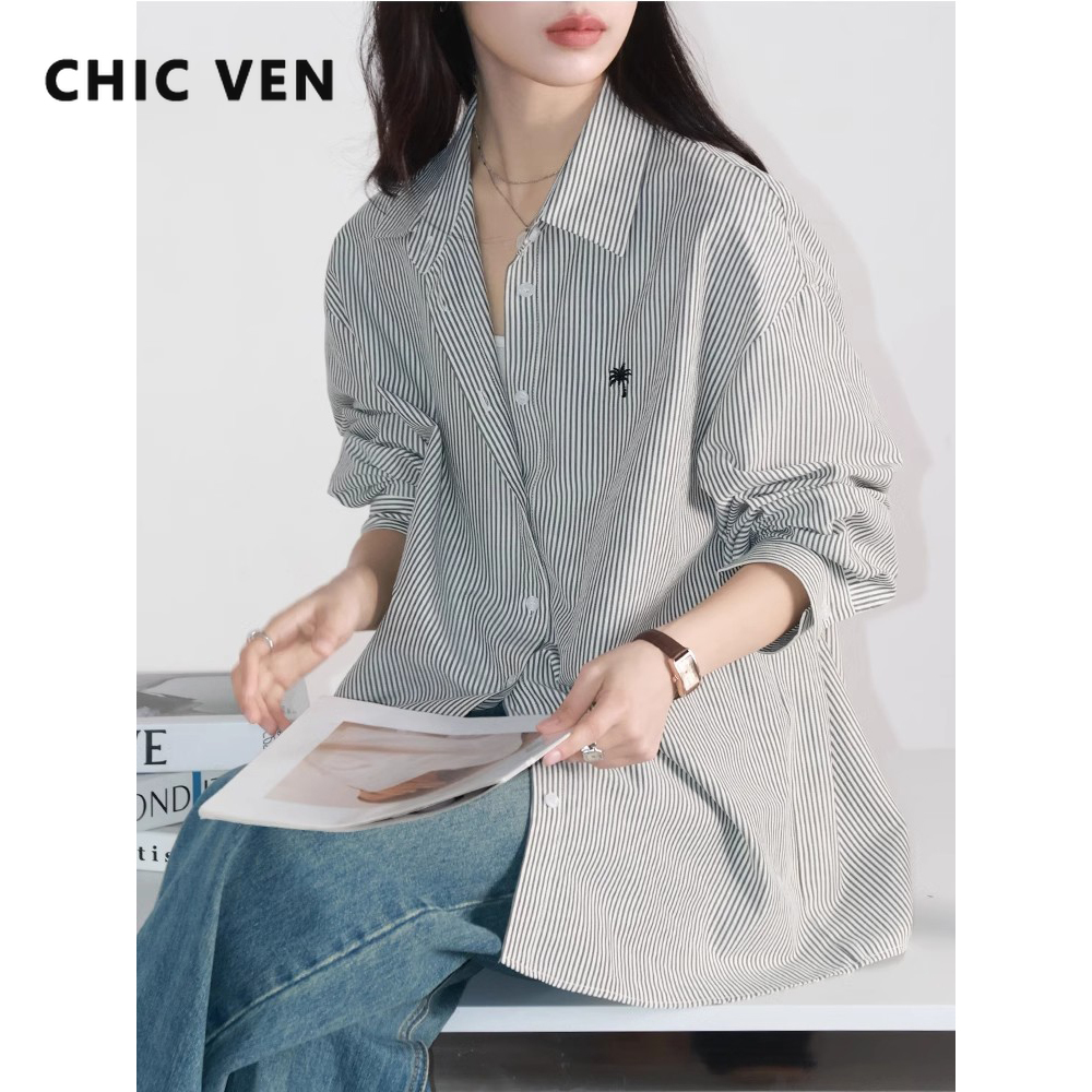 シック VEN 女性シャツシングルブレストルーズカジュアルストライプブラウス刺繍長袖 Tシャツ女性トップス春夏 2026