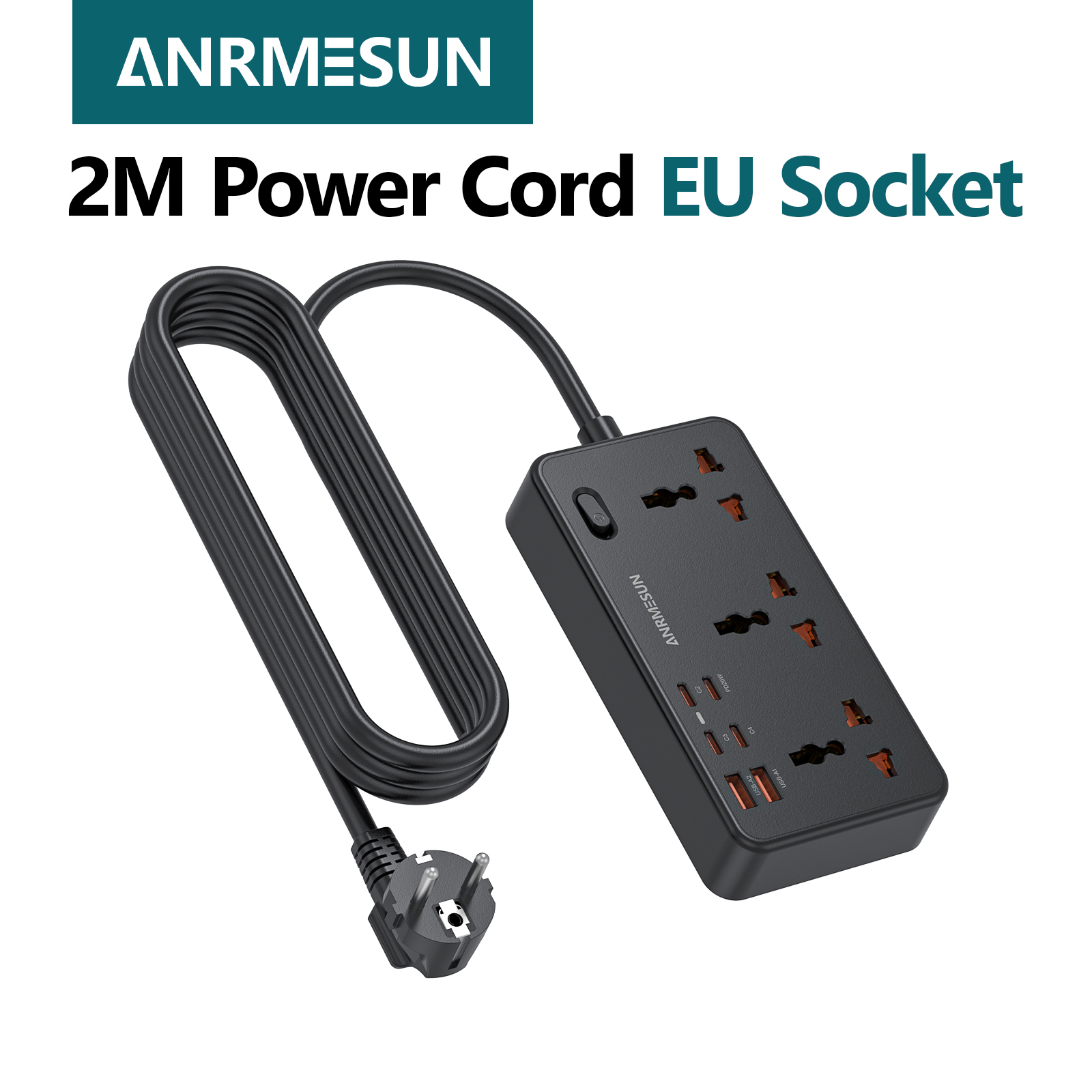 2Mコード付きEUプラグ電源タップ、ACコンセント3個、USB-C 4個、USB-A充電ステーション2個、ホームオフィス用マルチプラグソケットエクステンダー