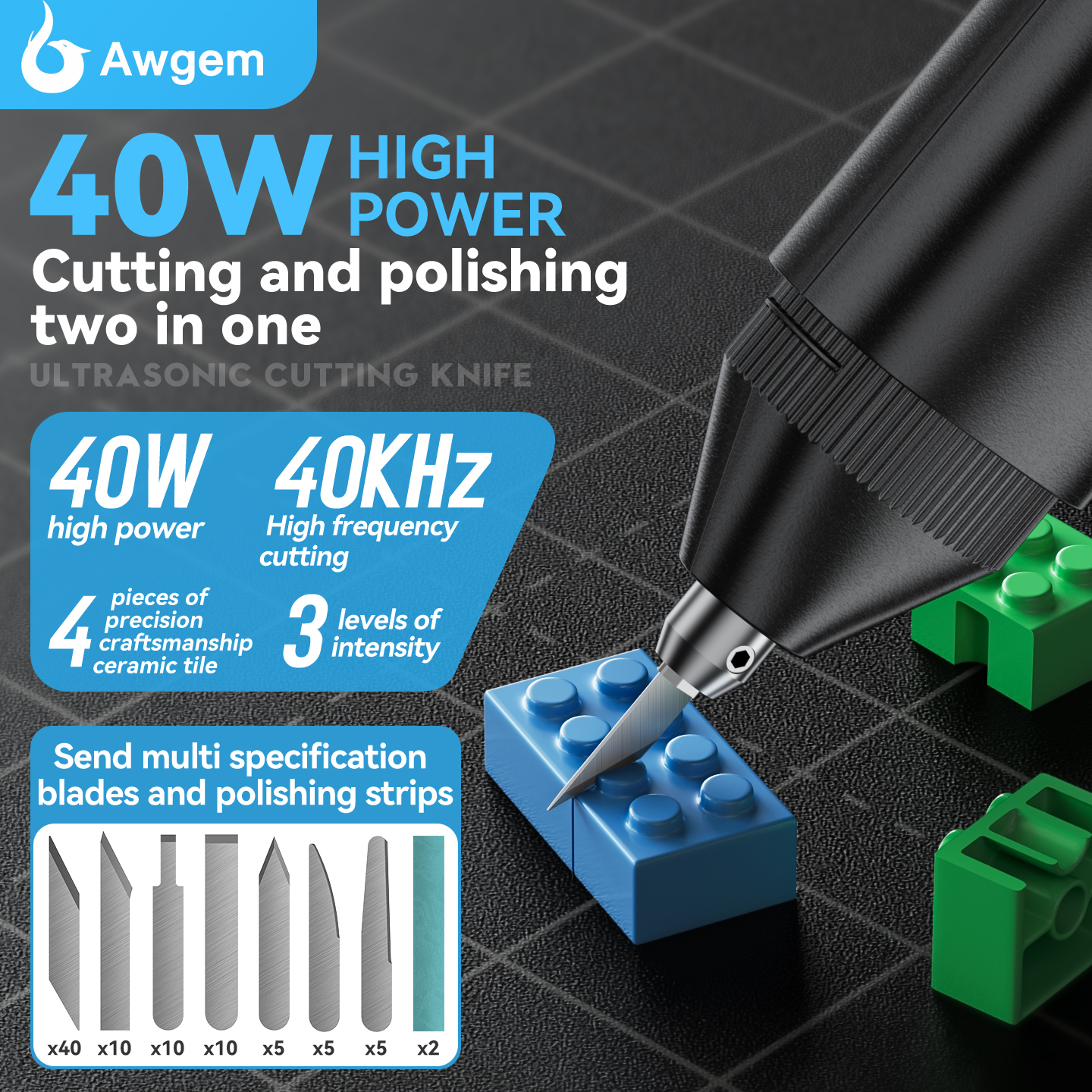 Awgem 40KHz ハンドヘルド超音波カッター超音波切断ナイフ DIY 電気彫刻ツールプラスチック/樹脂/3D 印刷/テキスタイル用