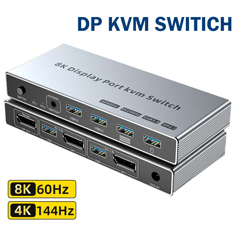 Displayport KVM スイッチ 2 in 1 out 8K@60Hz 4K@144Hz DP1.4 KVM USB3.0 スイッチ 4 USB ポート付き 2 PC 共有モニターキーボードマウス