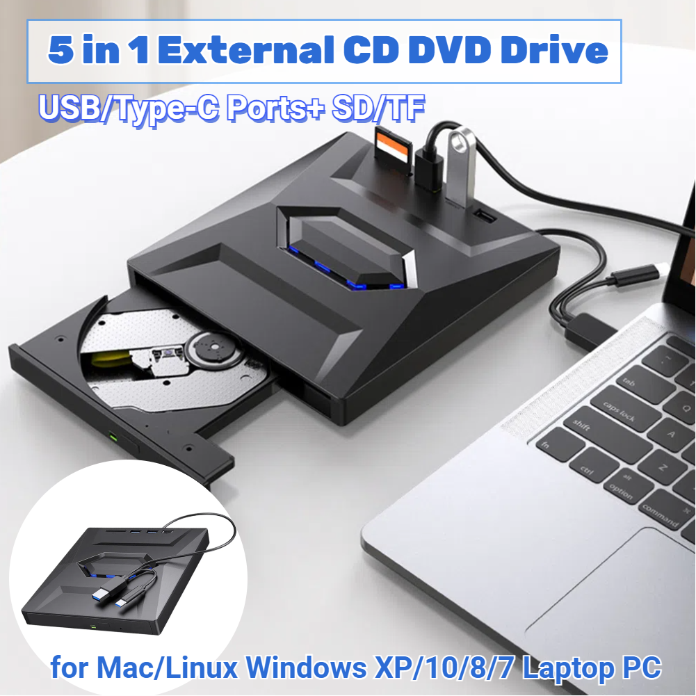 USB3.0 DVD バーナー USB/Type-C ポート SD/TF 5 In 1 ディスクリーダー リライター ドライブ Mac/Linux Windows XP/10/8/7 ラップトップ PC 用