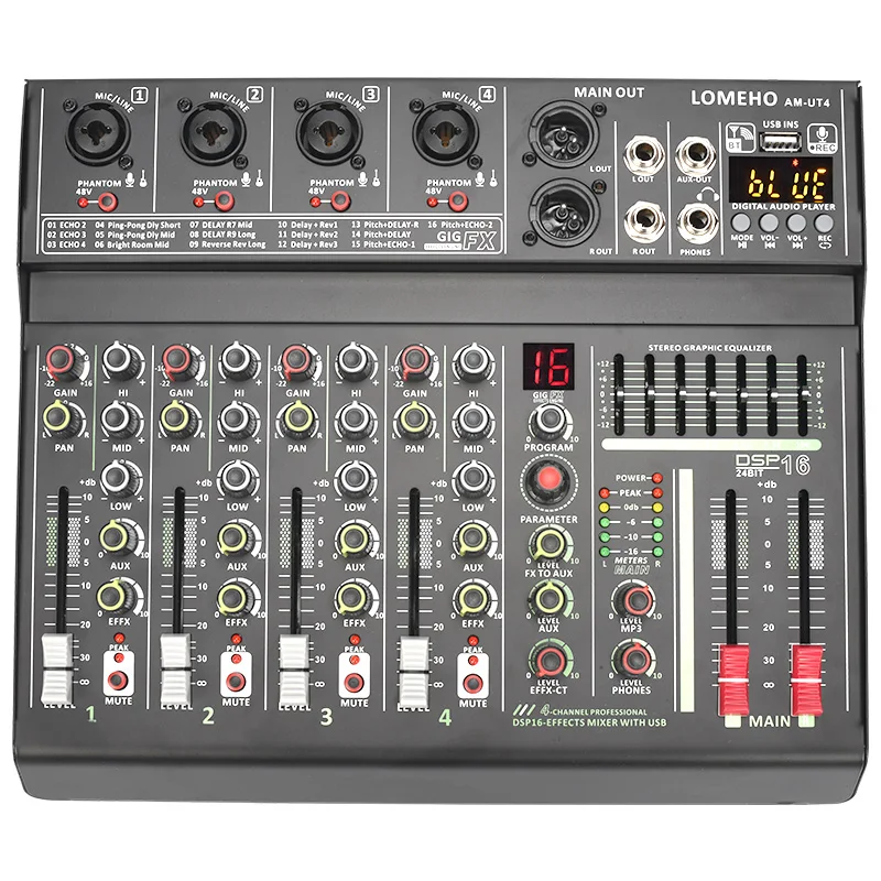 Lomeho 4 チャンネルミキシングコンソールミュートオーディオ dj ミキサー 7 バンド EQ 48V 70 ミリメートルボリュームフェーダーサウンドテーブル USB PC インターフェイス AM-UT4