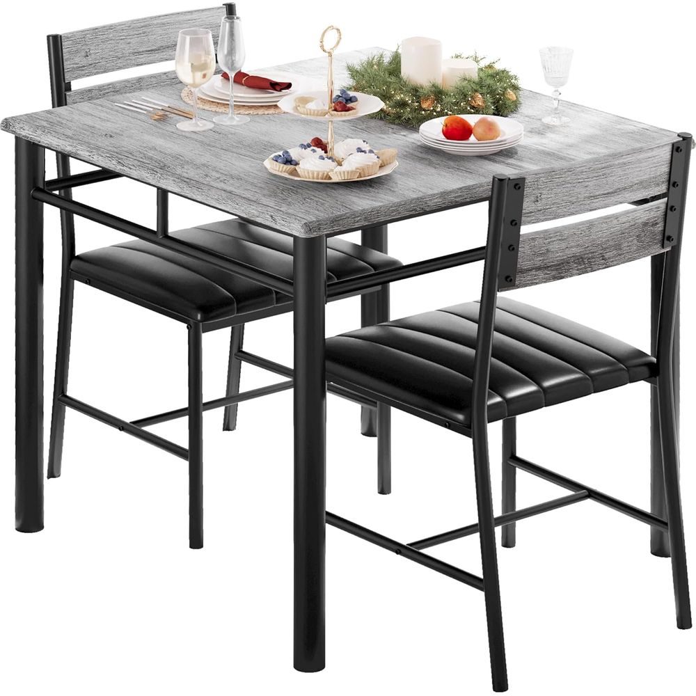 Gray 2-Person Dining Table Set, Compact Kitchen Table with Upholstered Chairs for Small Spaces Kitchen Dining Room
