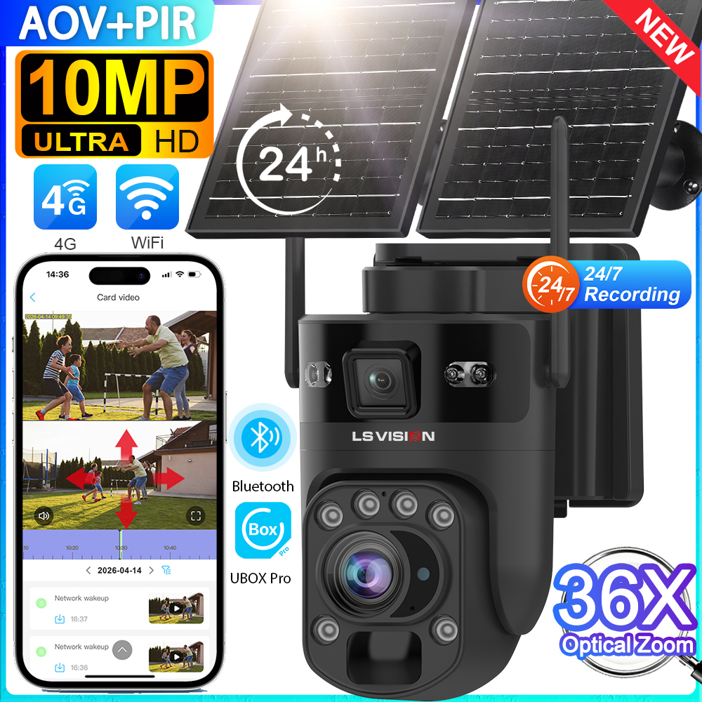UBOX PRO 10MP 4G AOV ソーラーカメラ 36X 光学ズーム 24/7 ビデオ録画デュアルスクリーン AOV PIR モード WiFi 監視カメラ CCTV