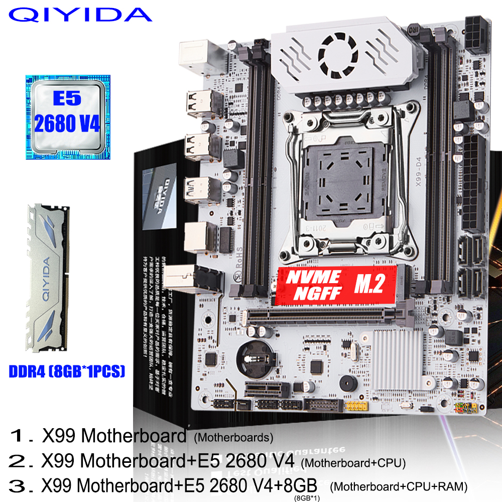 QIYIDA X99 Motherboard set LGA 2011-3 Xeon E5 2680 V4 CPU DDR4 8GBx1PCS=8GB NVME NGFF M.2 SATA3.0 USB3.0 X99 C612chip