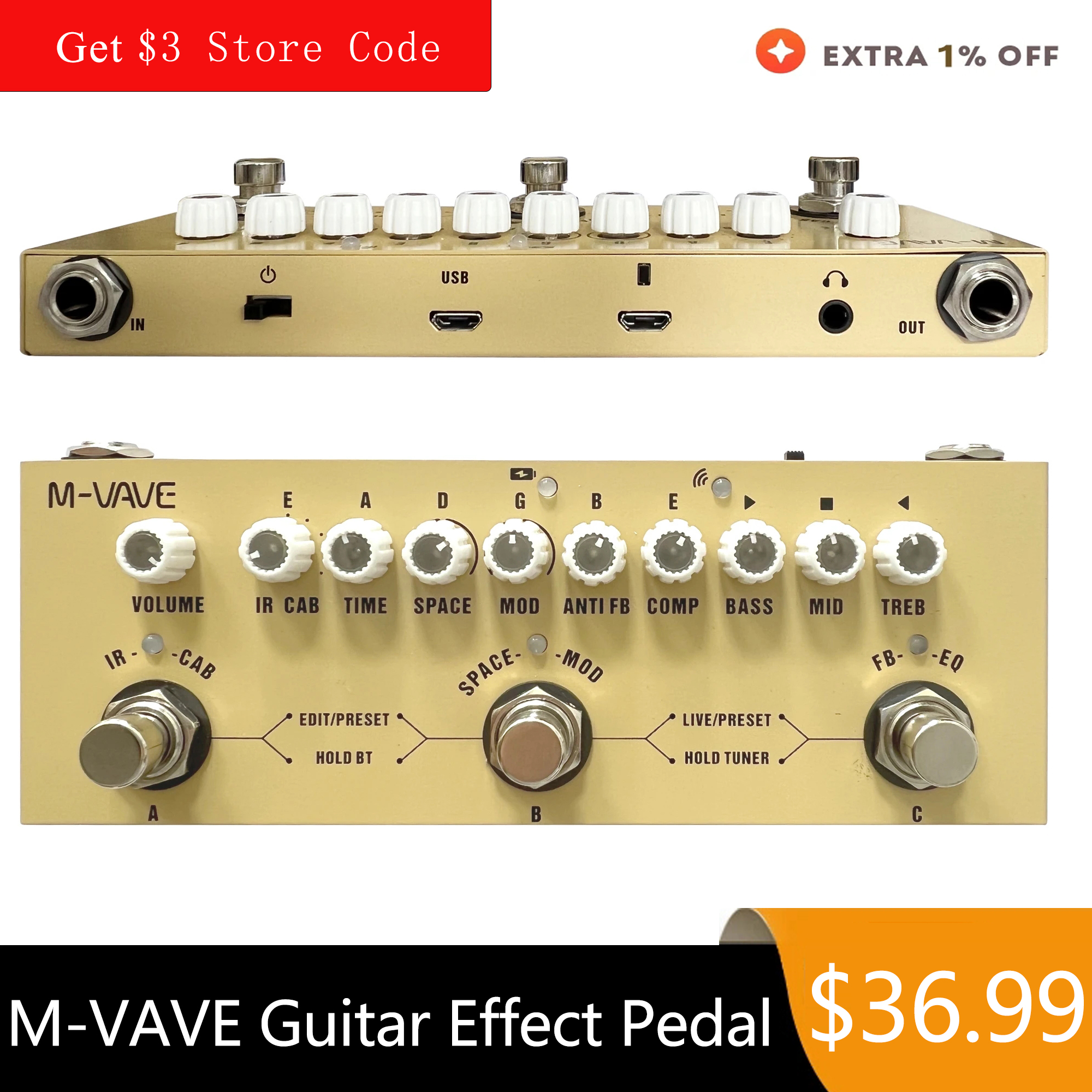 M-VAVE Cube BABY 充電式マルチエフェクトペダル 木製アコースティックギター録音用 オーディオインターフェース機能 Cuvave Pedal