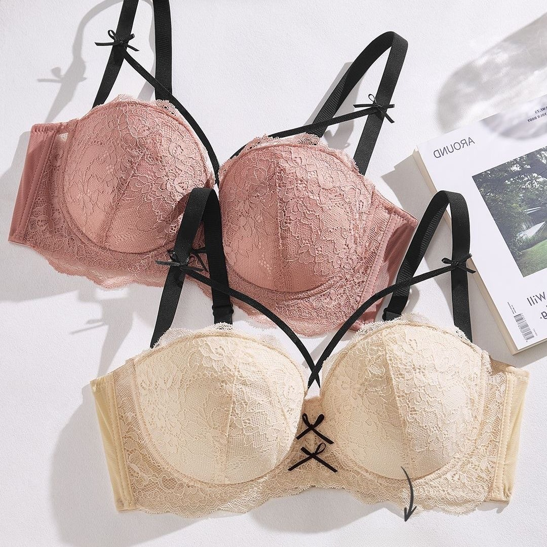 ハーフカップホットブラジャー女性のためのギャザーちょう結びブラジャー大きいサイズプッシュアップレースチューブトップレース大きな胸を明らかに小さなレースブラジャー