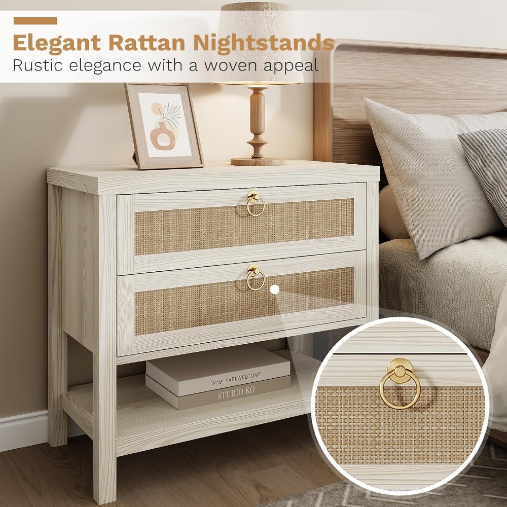 Large White Rattan Nightstand Set of 2,Boho Style,Drawers & Storage Shelf,Bedroom End Table, Custom