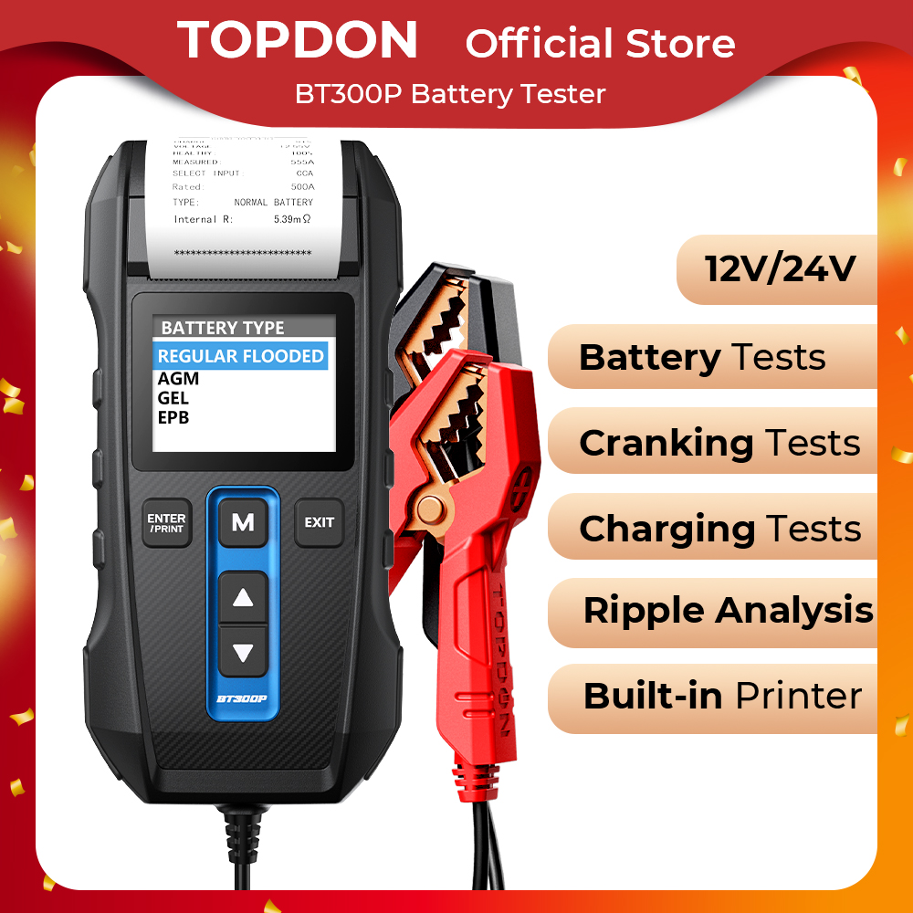 TOPDON BT300P カーバッテリーテスター プリンター付き 12V デジタル充電クランキングテストツール 車両オートアナライザー 100-2000CCA