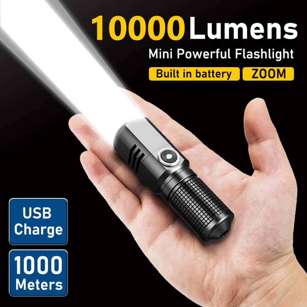 10000 ルーメンミニ強力な Led 懐中電灯 XHP50 バッテリー内蔵 3 モード USB 充電式フラッシュライトトーチランプ懐中電灯
