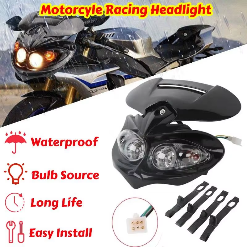 オートバイレースヘッドライトハイロービームデュアルヘッドライトフェアリングランプユニバーサル 12V ダートバイク ATV バイクヘッドライトランプマスク