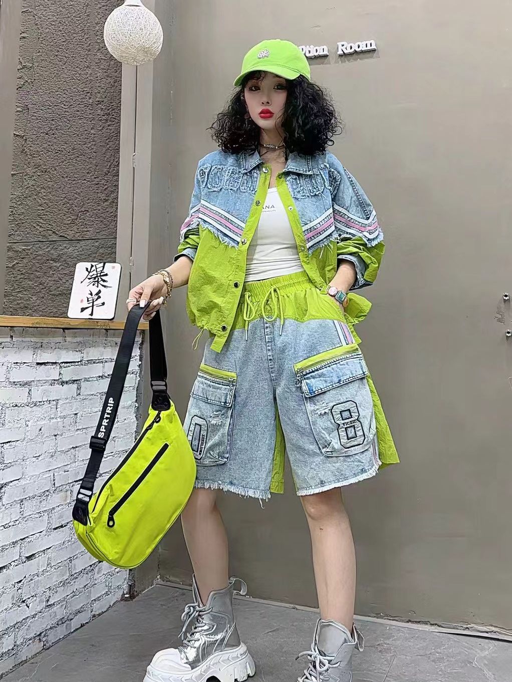 女性日焼け止め長袖トップデニムパッチワークストライプユーズド加工エッジ番号 08 ポケットルーズ T シャツ