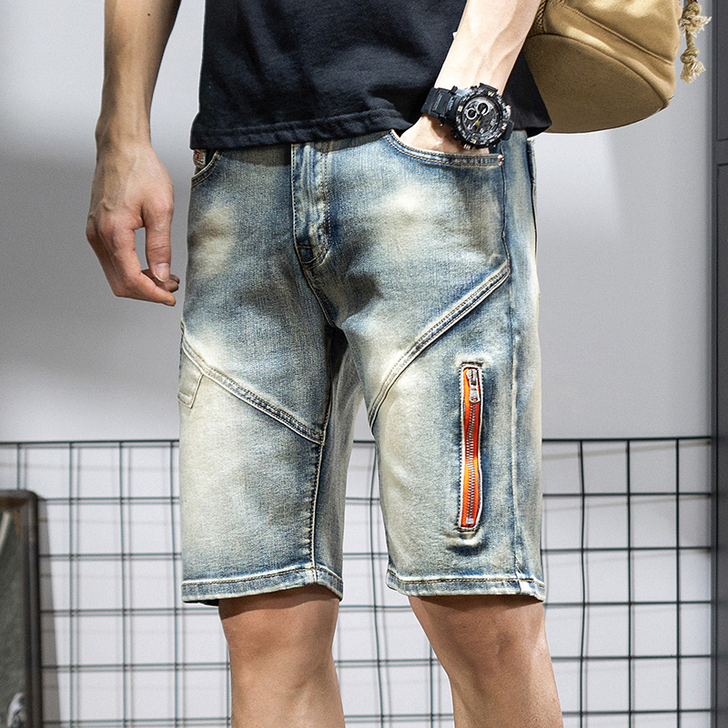 夏のメンズデニムショーツレトロオートバイ弾性綿ファッション膝丈ショートジーンズジッパーヒップホップロックストリート