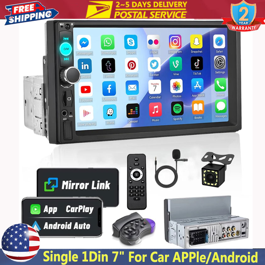 ユニバーサル 7 "シングル 1Din タッチスクリーンステレオ Bluetooth カーラジオ iOS/Android Carplay GPS ハンドルリモコンカメラ付き